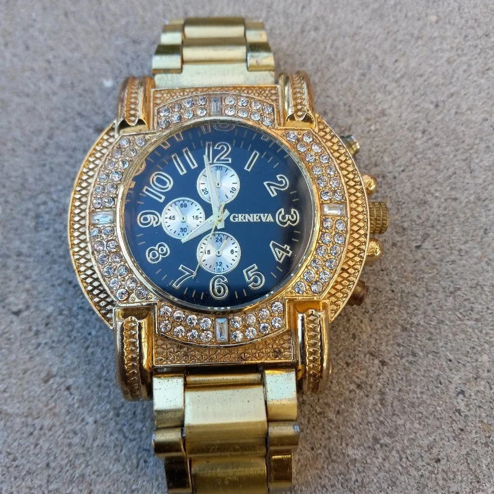 Mens GENEVA Oversized Wrist Watch Gold Rapper Bling Bling